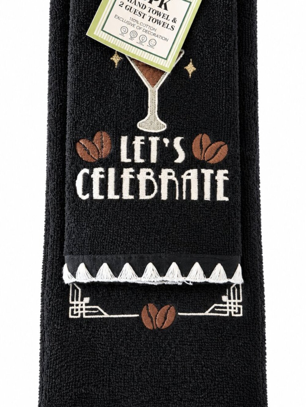 Let's Celebrate Fingertip Towels Hand Towel Set of 3 Black Martini Embroidered